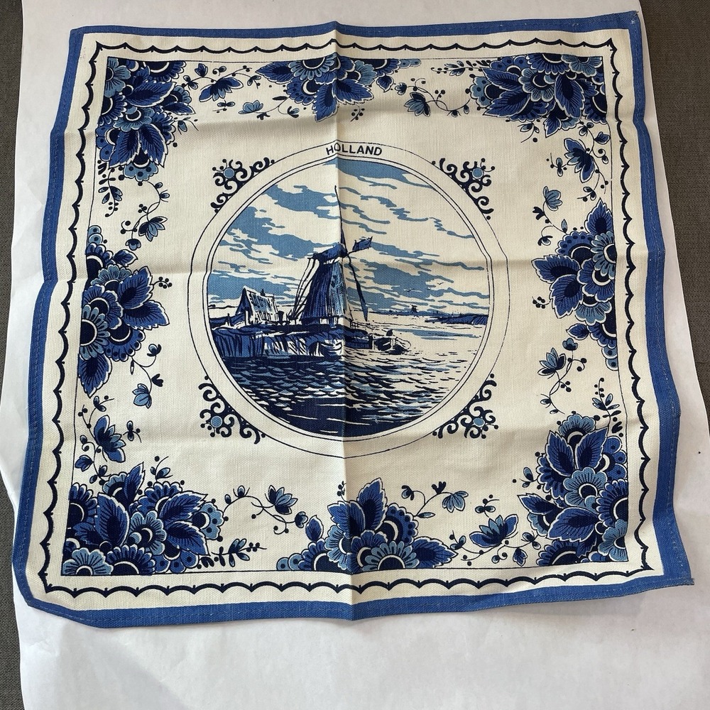 Vtg Delft Handkerchief Napkin Blue Holland 11.5x11